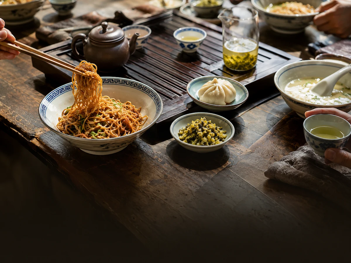 摆有湖北地方美食与茶的餐桌