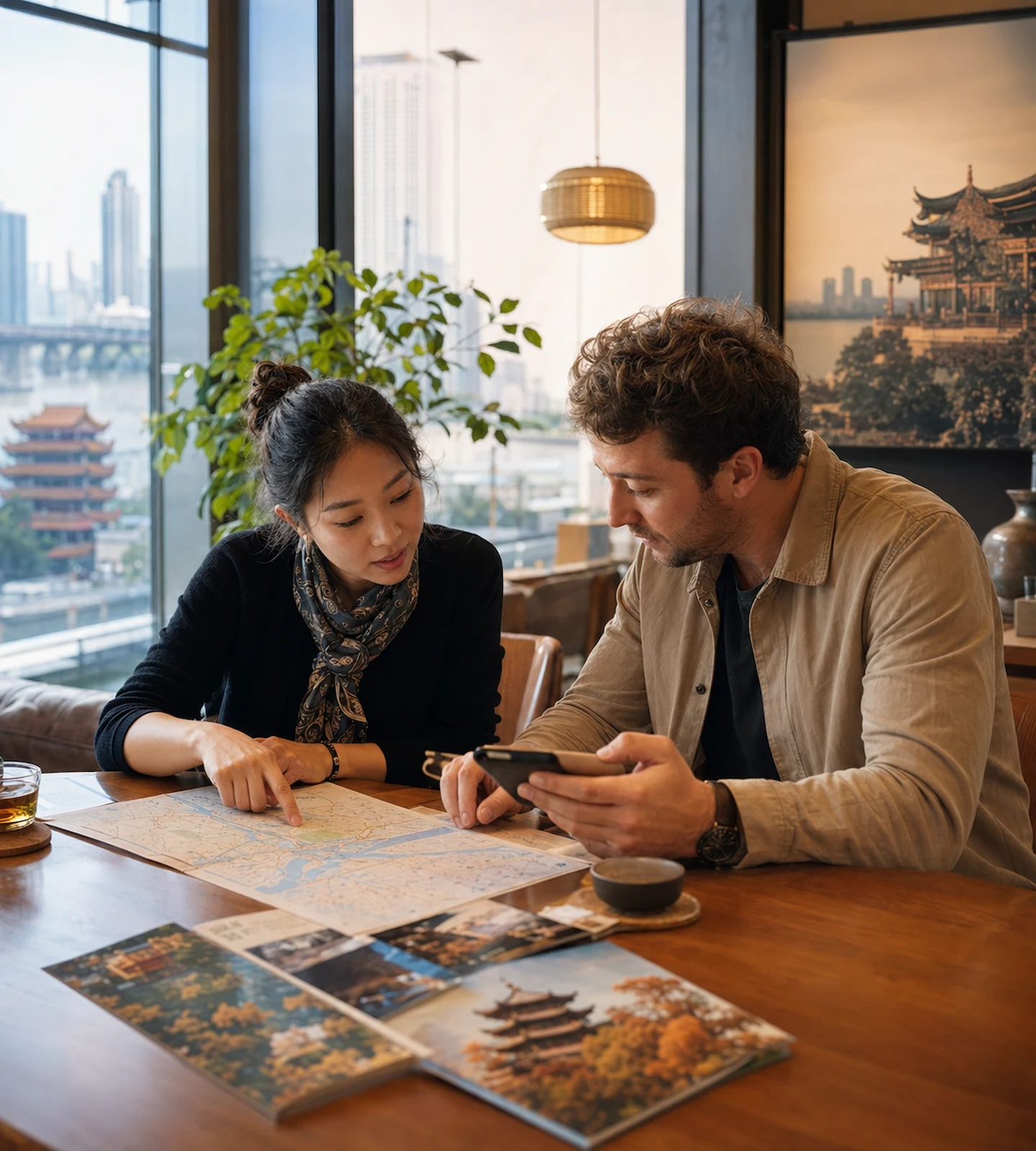A local travel planner and an international visitor reviewing a Central China route