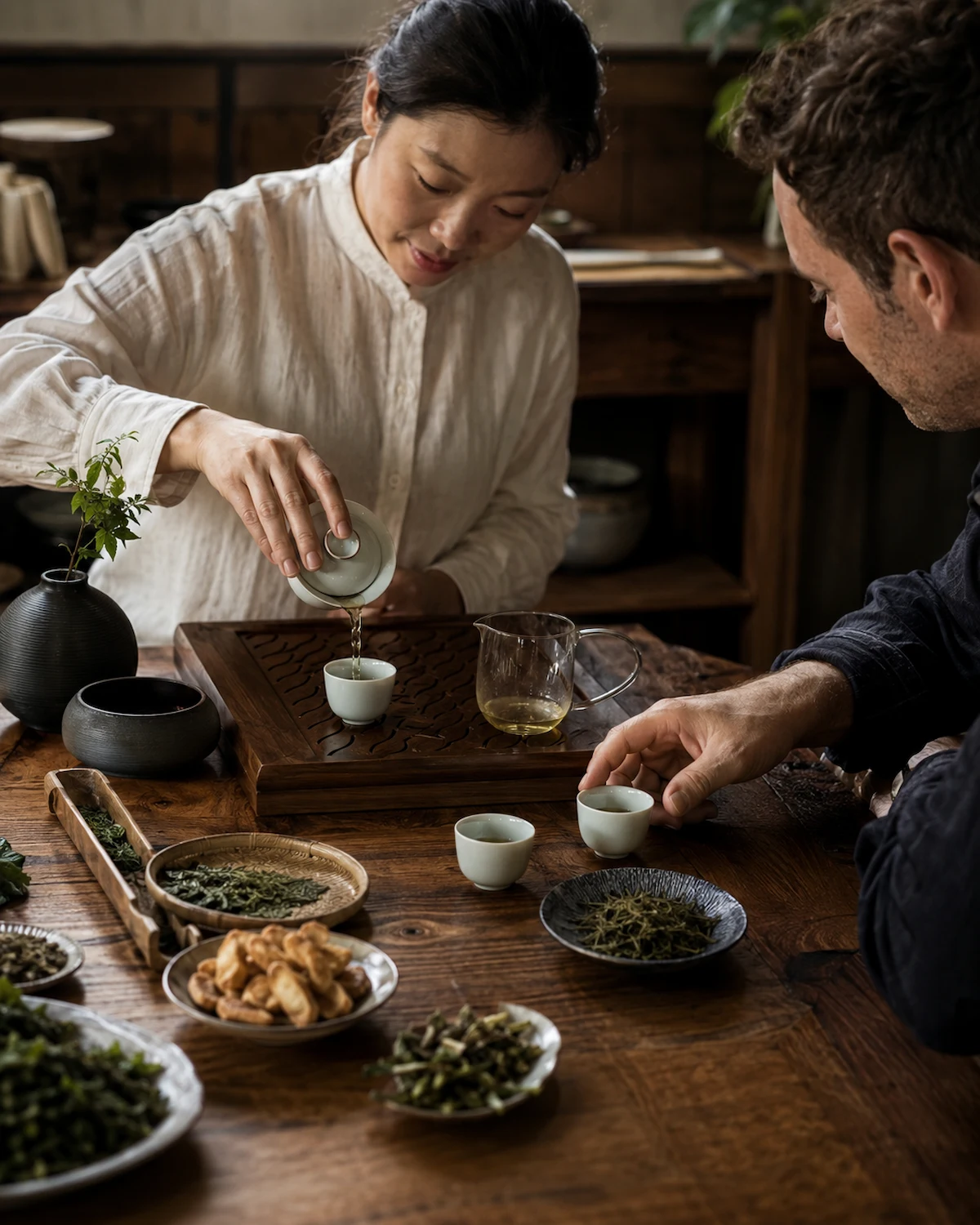湖北美食与文化体验中，参与者正在制茶