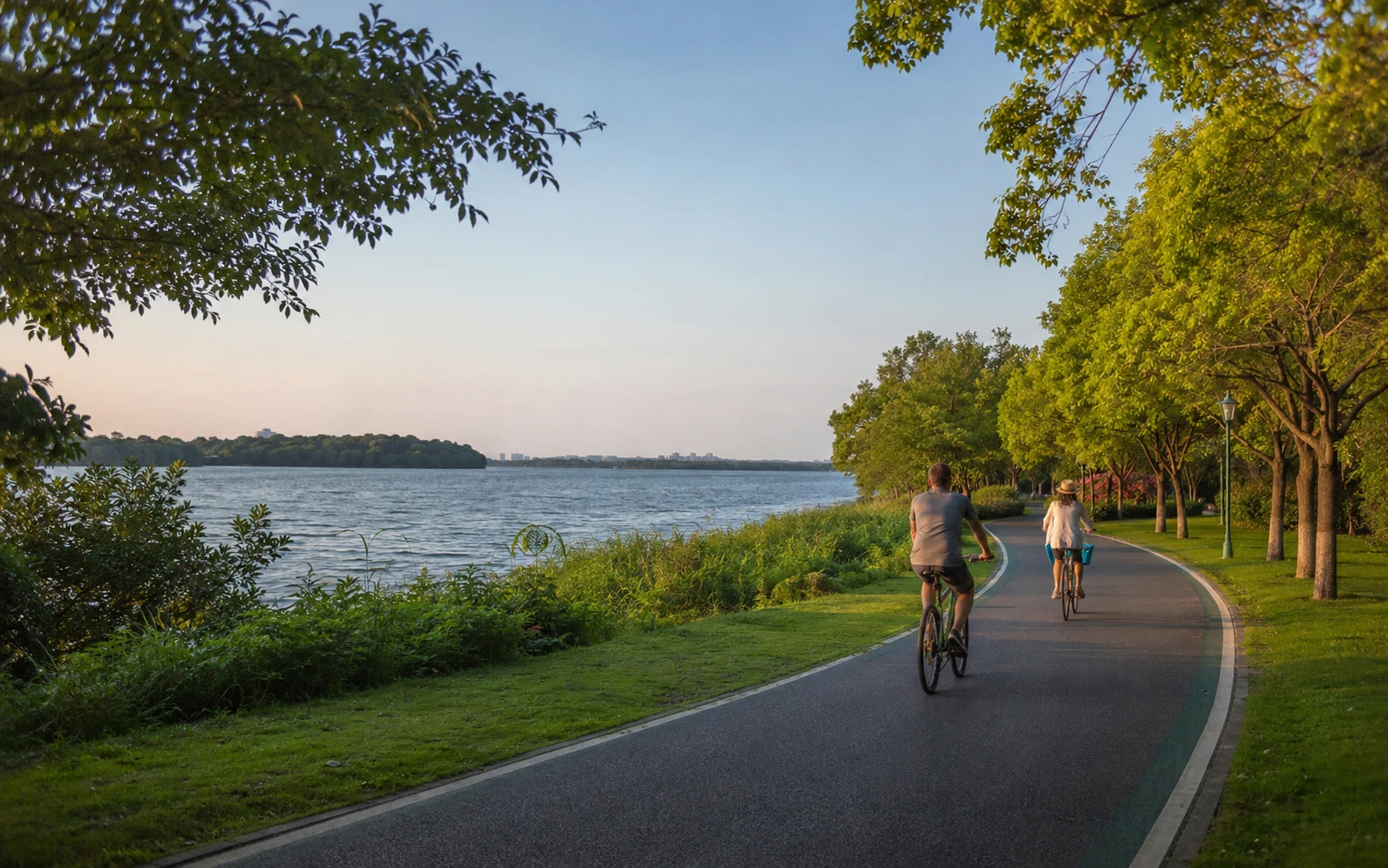Cycling along the East Lake Greenway in Wuhan