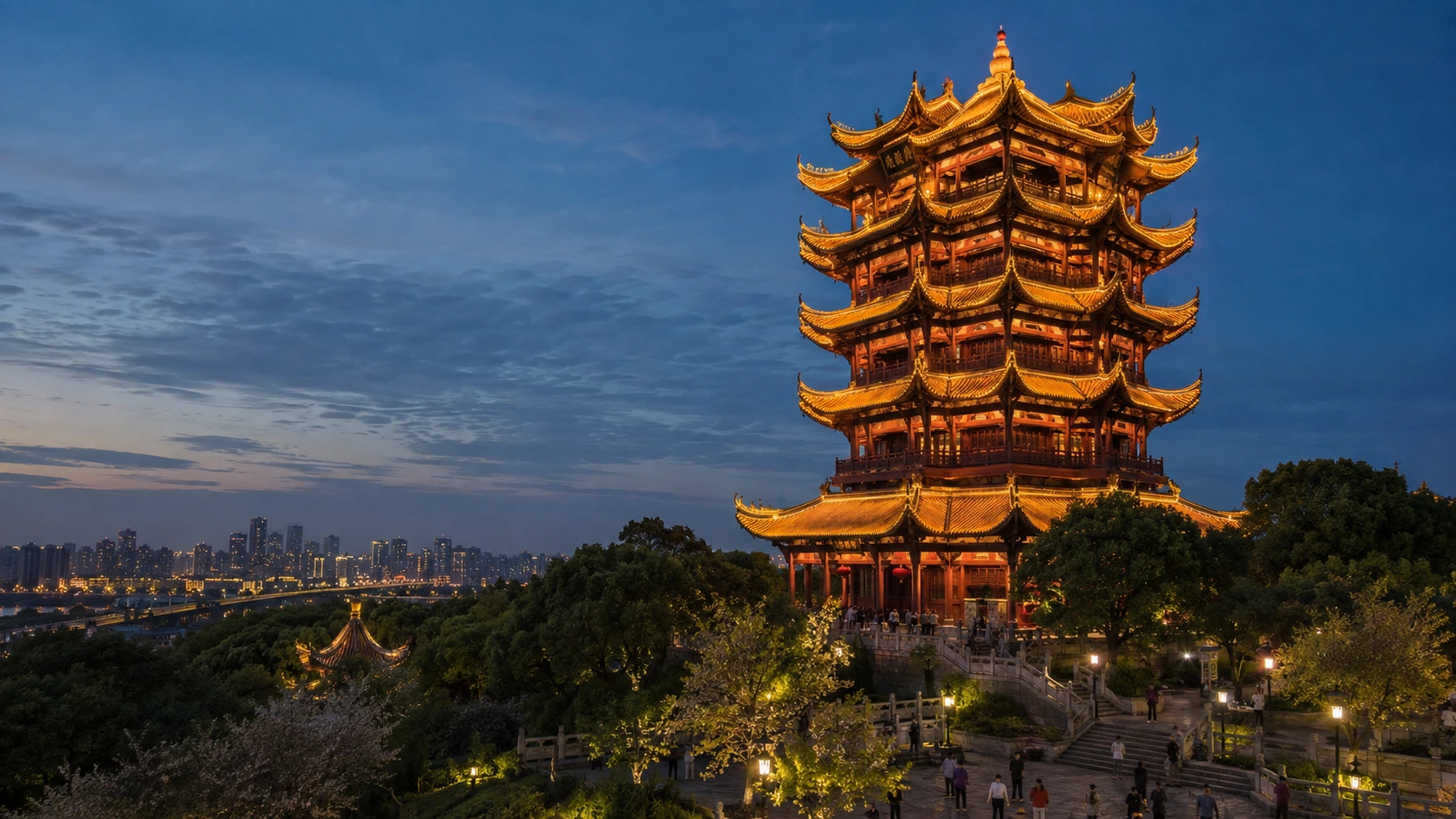 Yellow Crane Tower illuminated at night in Wuhan