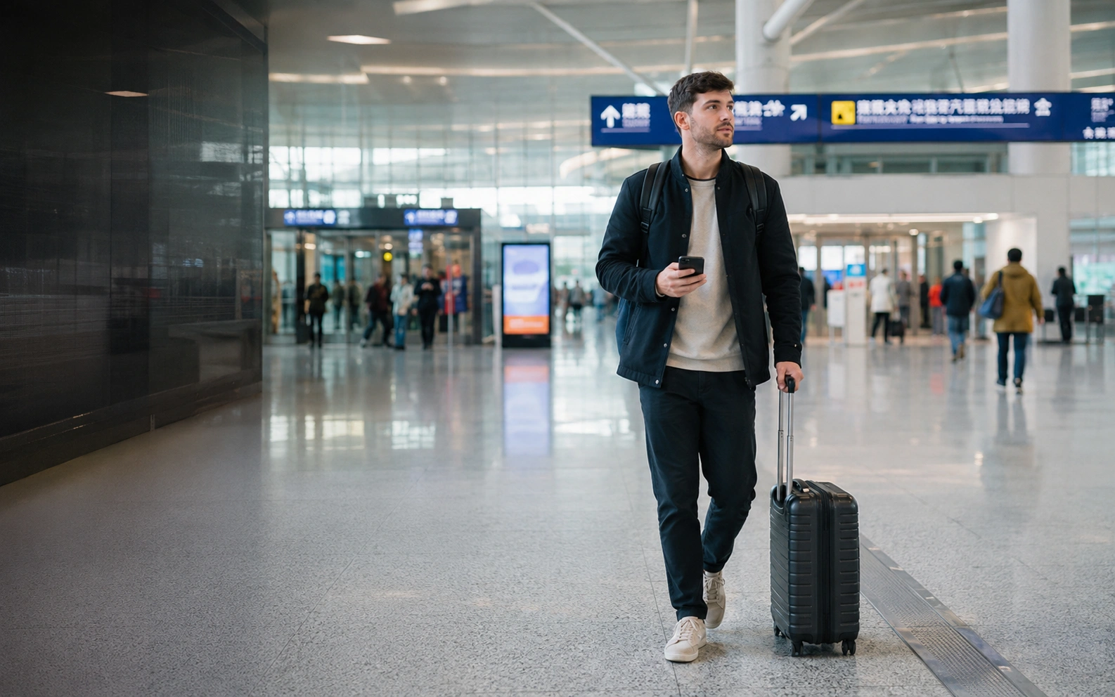 International traveller arriving in a modern Chinese airport